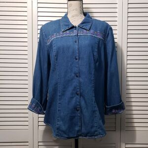 K Studio Vintage‎ Embroidered Denim Shirt Women's Size 16 Long Sleeve Button Up